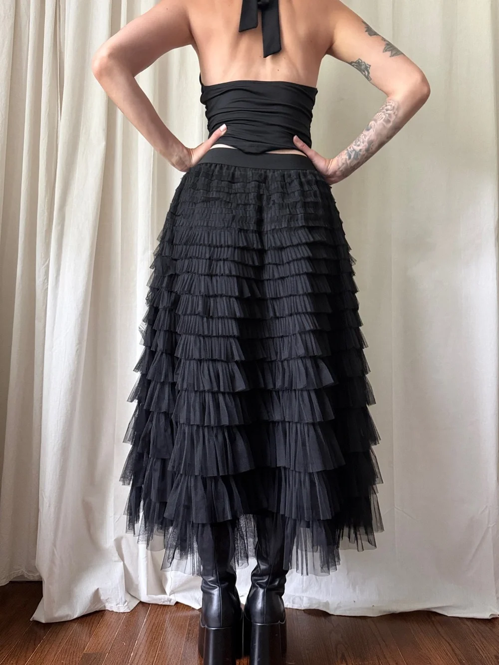 Black Tiered Ruffle Maxi Skirt Size Women's Size Large | Goth Avant Garde